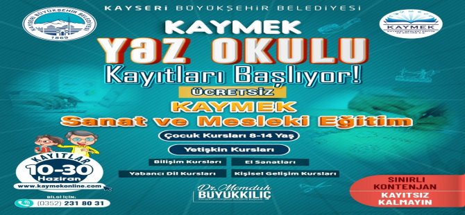 Kayseri Büyükşehir, Kaymek Yaz Kursları İçin Kayıtları Başlatıyor