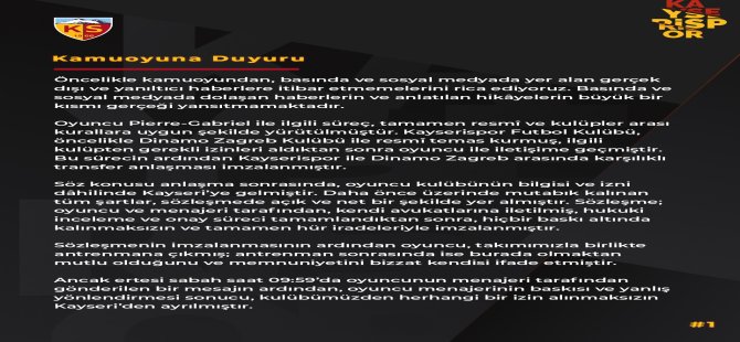 KAYSERİSPOR'DAN KAMUOYUNA DUYURU